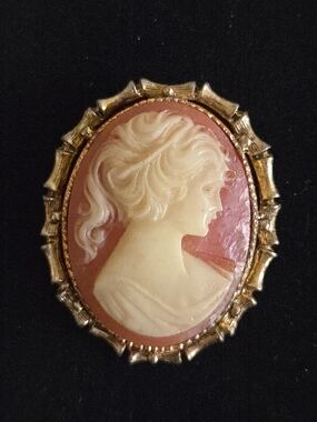 Gold Frame Pink Cameo Brooch - Classic Women's Jewelry